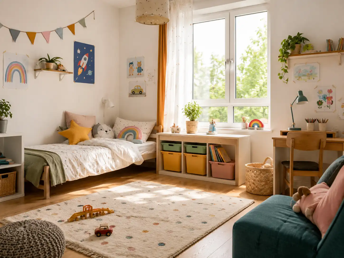Útulný dětský pokoj zařízený jednoduchým nábytkem, textilem a úložnými boxy