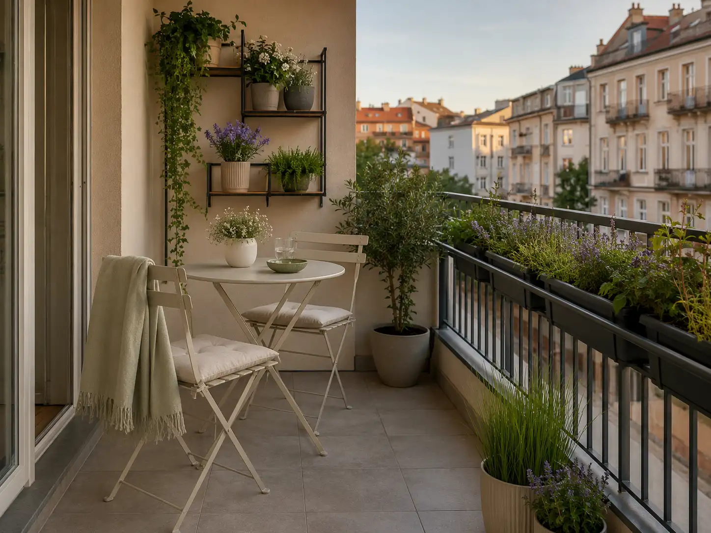 Útulně zařízený malý balkon se skládacím stolkem, židlemi a květinami